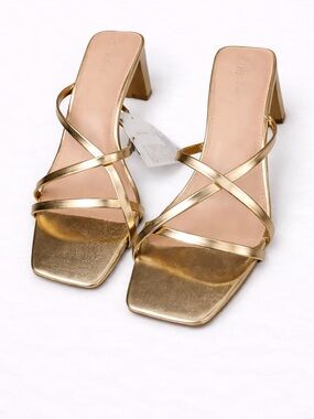 Metallic Gold Strappy Square-Toe Block Heels